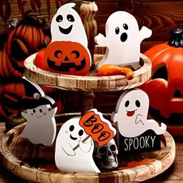 5 Pcs Halloween Cute Ghost Decor Halloween Wooden Tiered Tray Decor Black Witch Boo Spooky Signs Pumpkin Fall Blocks for Rustic Party Home Shelf Display(Cute Style)