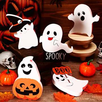5 Pcs Halloween Cute Ghost Decor Halloween Wooden Tiered Tray Decor Black Witch Boo Spooky Signs Pumpkin Fall Blocks for Rustic Party Home Shelf Display(Cute Style)