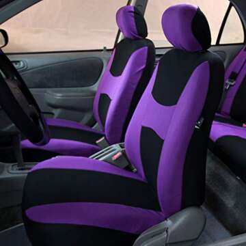 FH Group Light & Breezy Cloth Full Set Car Seat Covers (Purple/Black) Combo Set: Steering Wheel Cove...