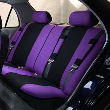 FH Group Light & Breezy Cloth Full Set Car Seat Covers (Purple/Black) Combo Set: Steering Wheel Cover, Seat Belt Pads and Black Vinyl Floor Mats – Universal Fit for Cars Trucks & SUVs