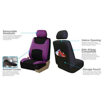 FH Group Light & Breezy Cloth Full Set Car Seat Covers (Purple/Black) Combo Set: Steering Wheel Cover, Seat Belt Pads and Black Vinyl Floor Mats – Universal Fit for Cars Trucks & SUVs