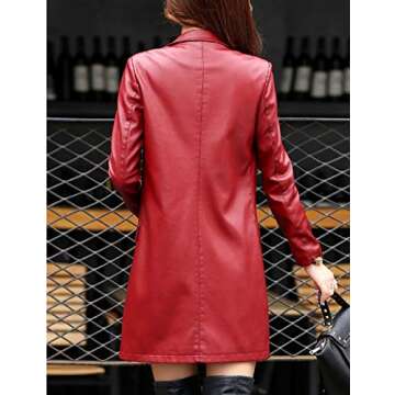 Tanming Womens PU Faux Leather Jacket Casual Lapel Long Suit Trench Coat Outerwear (WineRed-S)