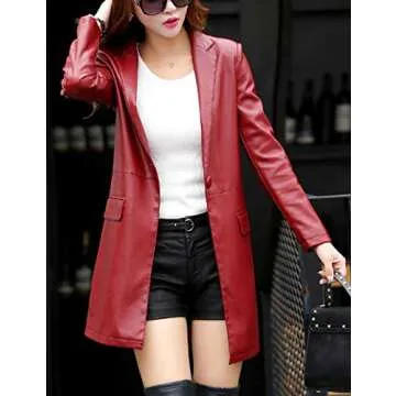 Tanming Womens PU Faux Leather Jacket Casual Lapel Long Suit Trench Coat Outerwear (WineRed-S)