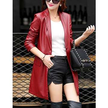 Tanming Womens PU Faux Leather Jacket Casual Lapel Long Suit Trench Coat Outerwear (WineRed-S)