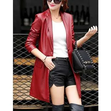Tanming Womens PU Faux Leather Jacket Casual Lapel Long Suit Trench Coat Outerwear (WineRed-S)