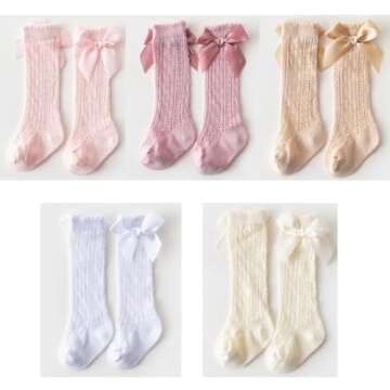 Ashmyova Baby Girls Knee High Mesh Socks Breathable Infants Toddlers Bowknot Dress Socks 5 Colors Bo...