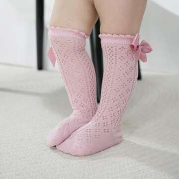 Ashmyova Baby Girls Knee High Mesh Socks Breathable Infants Toddlers Bowknot Dress Socks 5 Colors Bow Size 0-12 Months