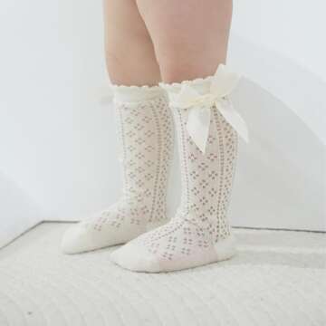 Ashmyova Baby Girls Knee High Mesh Socks Breathable Infants Toddlers Bowknot Dress Socks 5 Colors Bow Size 0-12 Months