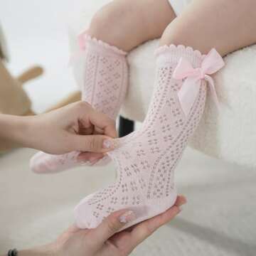 Ashmyova Baby Girls Knee High Mesh Socks Breathable Infants Toddlers Bowknot Dress Socks 5 Colors Bow Size 0-12 Months