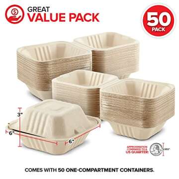 Clamshell Take Out Food Containers 6" x 6” (50 Pack) - Eco-Friendly, Disposable