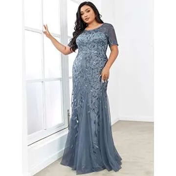 Elegant Women's Haze Blue Sequin Evening Gown Plus Size