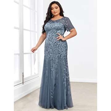 Elegant Women's Haze Blue Sequin Evening Gown Plus Size