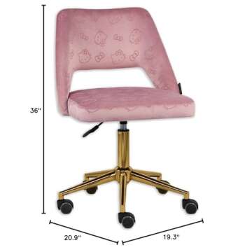 Impressions Vanity Hello Kitty Velvet Vanity Chair with Back, 360 Degrees Swivel Cute Desk Chair with Wheels, Golden Rolling Base Adjustable Height Makeup Chair for Bedroom (Pink)