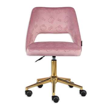 Impressions Vanity Hello Kitty Velvet Vanity Chair with Back, 360 Degrees Swivel Cute Desk Chair with Wheels, Golden Rolling Base Adjustable Height Makeup Chair for Bedroom (Pink)