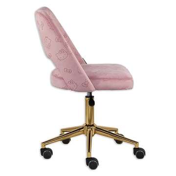Impressions Vanity Hello Kitty Velvet Vanity Chair with Back, 360 Degrees Swivel Cute Desk Chair with Wheels, Golden Rolling Base Adjustable Height Makeup Chair for Bedroom (Pink)