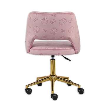 Impressions Vanity Hello Kitty Velvet Vanity Chair with Back, 360 Degrees Swivel Cute Desk Chair with Wheels, Golden Rolling Base Adjustable Height Makeup Chair for Bedroom (Pink)