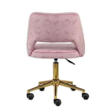 Impressions Vanity Hello Kitty Velvet Vanity Chair with Back, 360 Degrees Swivel Cute Desk Chair with Wheels, Golden Rolling Base Adjustable Height Makeup Chair for Bedroom (Pink)