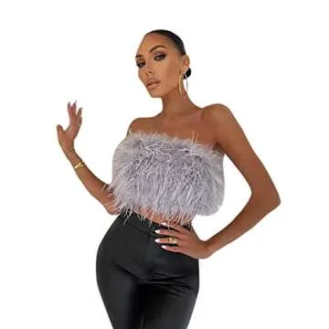 AIBEARTY Women Sexy Faux Fur Feather Crop Tops Strapless Bandeau Tube Top Plush Aesthetic Cami Vest Tank Top Clubwear Grey