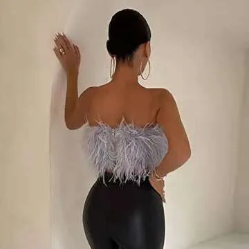 AIBEARTY Women Sexy Faux Fur Feather Crop Tops Strapless Bandeau Tube Top Plush Aesthetic Cami Vest Tank Top Clubwear Grey