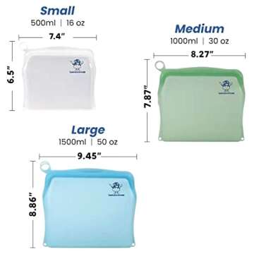 Gaia's Eco Kitchen Multipurpose Reusable Food Storage Bags, Leakproof, Sustainable - Fresh & Frozen Meals, Snacks, On-The-Go, Freezer, Oven, Microwave, Dishwasher Safe - 3 Pack (16 oz, 30 oz, & 50 oz)