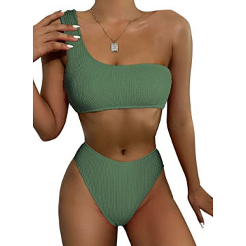 Astylish Women's Solid Color Push Up Bikini Set - Asymmetrical Neck, Two Piece Swimwear in Green, Si...
