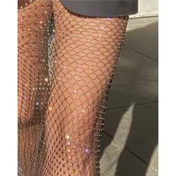Fstrend Mesh Body Chains Rhinestone Crystal See Through Pant Fishnet Dress Cover Up Black EDM Festival Outfits for Women