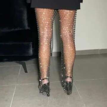 Fstrend Mesh Body Chains Rhinestone Crystal See Through Pant Fishnet Dress Cover Up Black EDM Festival Outfits for Women