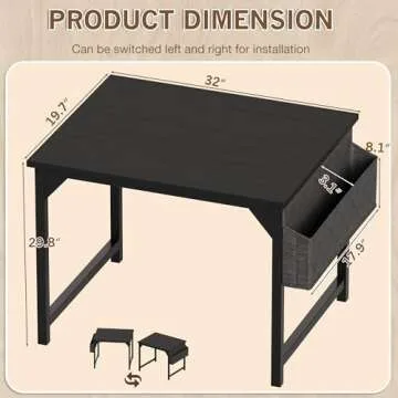 Shahoo 32 Inch Computer Desk, Wood Modern Simple Home Office Table for Small Spaces with Storage Bag and Headphone Hook for Home, Office, Study, Writing, Black