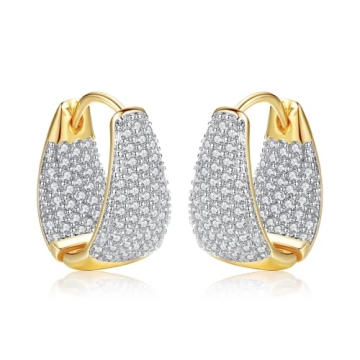 Dainty Gold Silver Two Tone Wide Hoop Dangle Earrings with Clear Cubic Zirconia Fashion Jewelry for ...