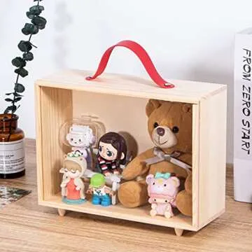Useekoo Wooden Display Case for Collectibles, Wood Gift Box Storage Container with Handle and Slide Acrylic Lid, Shadow Box Unfinished Rustic Desktop Box for Dolls, Collections 10.4'' x 3.6'' x 8''