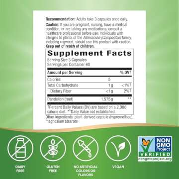 Nature's Way Dandelion Root, Traditional Diuretic Herb*, Traditionally used to Soothe Digestive Upset*, Vegan, 180 Capsules (Packaging May Vary)