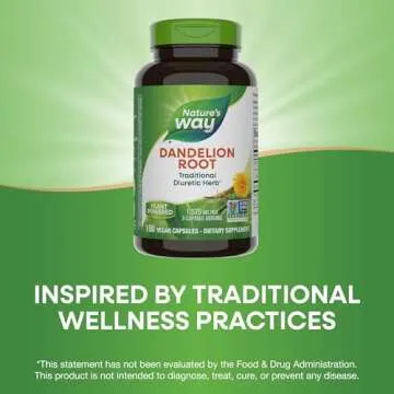 Nature's Way Dandelion Root, Traditional Diuretic Herb*, Traditionally used to Soothe Digestive Upset*, Vegan, 180 Capsules (Packaging May Vary)