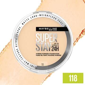 Maybelline Super Stay Up to 24HR Hybrid Powder-Foundation, Medium-to-Full Coverage Makeup, Matte Finish, 118, 1 Count