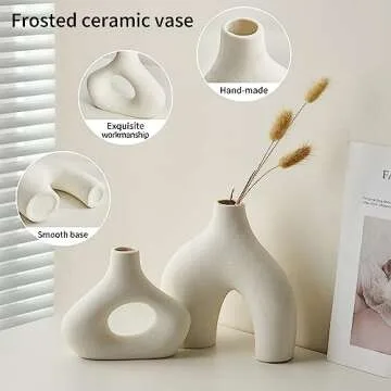 AWNR White Ceramic Donut Vase Set of 2 for Modern Home Decor, Minimalist Round Vase for Centerpieces, Unique Neutral Boho Vase for Living Room, TV Stand, Dining Room, Dinner Table Decoration