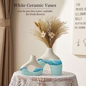 AWNR White Ceramic Donut Vase Set of 2 for Modern Home Decor, Minimalist Round Vase for Centerpieces, Unique Neutral Boho Vase for Living Room, TV Stand, Dining Room, Dinner Table Decoration