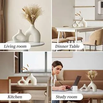AWNR White Ceramic Donut Vase Set of 2 for Modern Home Decor, Minimalist Round Vase for Centerpieces, Unique Neutral Boho Vase for Living Room, TV Stand, Dining Room, Dinner Table Decoration