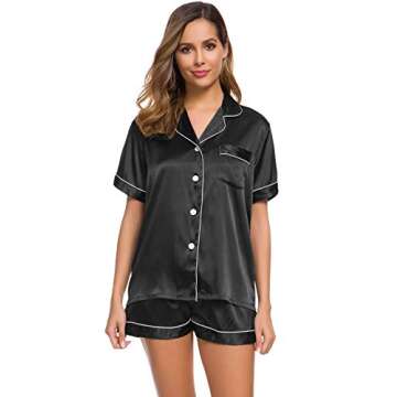 SWOMOG Womens Silk Satin Pajamas Set Two-piece Pj Sets Sleepwear Loungewear Button-Down Pj Sets