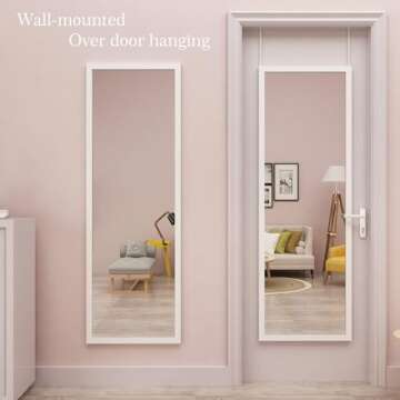 whitebeach 48" x 16" Over The Door Mirror Full Length Mirror Door Mirror Wall Mirror Hanging with 2 Metal Hangers for Bedroom Living Room Bathroom White