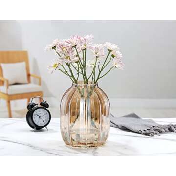 Large Amber Glass Vase for Flowers Ribbed Tall Gold Floor Vase 8.0" Decorative Vases for Home Table ...