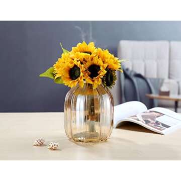 Large Amber Glass Vase for Flowers Ribbed Tall Gold Floor Vase 8.0" Decorative Vases for Home Table Centerpieces Flowers Decor and Farmhouse(Brown 8.0in)