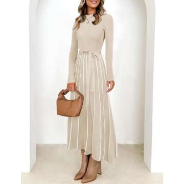 ZESICA Womens Spring Turtleneck Long Sleeve Sweater Dress Tie Waist Casual Loose Ribbed Knit A Line Midi Dresses,Apricot,Small