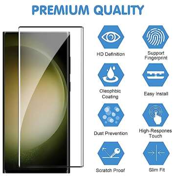 3 Pack Galaxy S23 Ultra Screen Protector, HD Clear Tempered Glass, Fingerprint Unlock, 3D Curved, Sc...