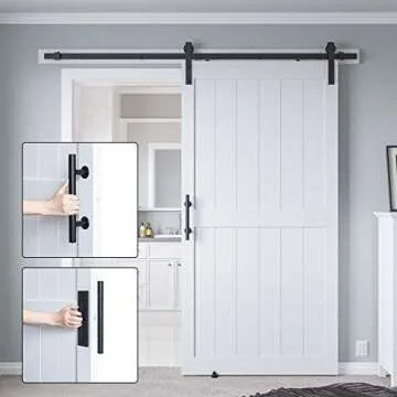 COSHOMER 42in x 84in MDF Sliding Barn Door with 7ft Barn Door Hardware Kit & Handle, Pre-Drilled Holes Easy Assembly -Solid Barn Door Slab Covered with Water-Proof PVC Surface, White, H-Frame