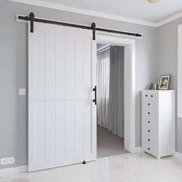 COSHOMER 42in x 84in MDF Sliding Barn Door with 7ft Barn Door Hardware Kit & Handle, Pre-Drilled Holes Easy Assembly -Solid Barn Door Slab Covered with Water-Proof PVC Surface, White, H-Frame