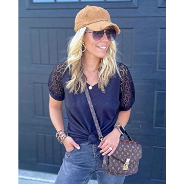 MIHOLL Women's Lace Short Sleeve V Neck Shirts Loose Casual Tops Tee Shirt