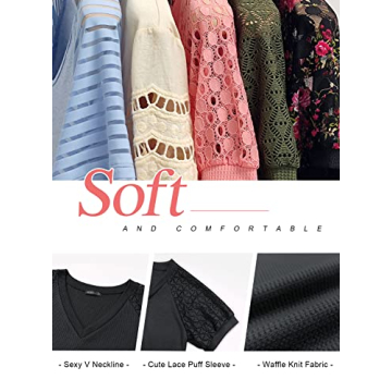 MIHOLL Women's Lace Short Sleeve V Neck Shirts Loose Casual Tops Tee Shirt