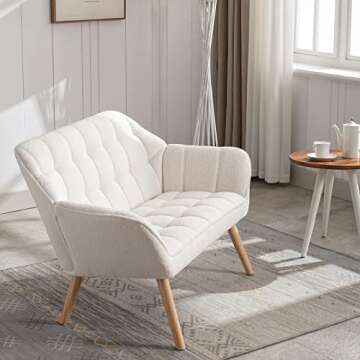 ZH4YOU 48" Small Loveseat for Small Spaces, Upholstered Fluffy White Loveseat Sofa, Mid Century Modern 2-Seater Couch with Armrest and Wood Legs for Bedroom, Living Room, Apartment, White