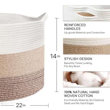MXMHOME Large Cotton Woven Basket,22"x22"x14"Rope Basket for Living Room Baby Laundry Basket with Ha...