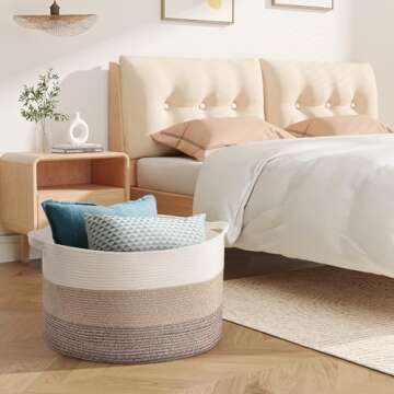 MXMHOME Large Cotton Woven Basket,22"x22"x14"Rope Basket for Living Room Baby Laundry Basket with Handle Nursery Basket Soft Storage Basket Comforter Cushions Thread Hamper