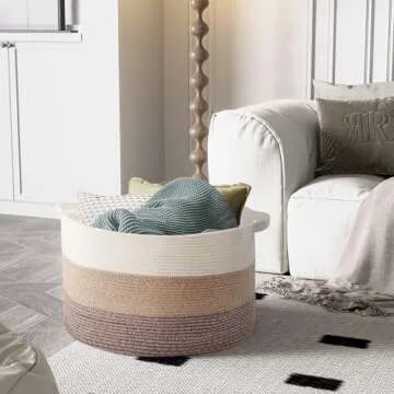 MXMHOME Large Cotton Woven Basket,22"x22"x14"Rope Basket for Living Room Baby Laundry Basket with Handle Nursery Basket Soft Storage Basket Comforter Cushions Thread Hamper